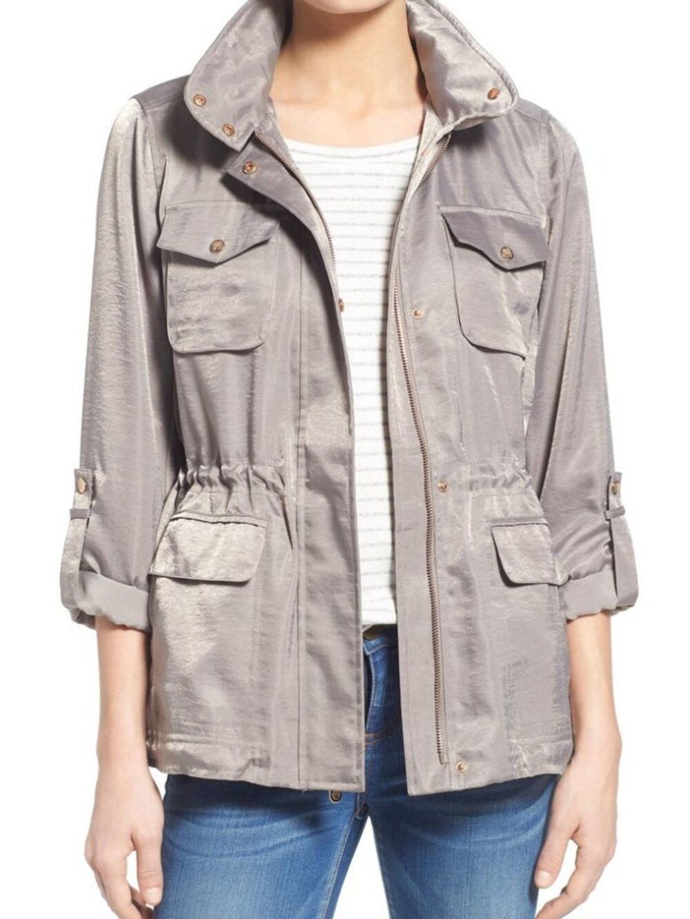 NWT Vince Camuto Size Large Dark Grey Hammered Satin Hooded Anorak Jacket NEW